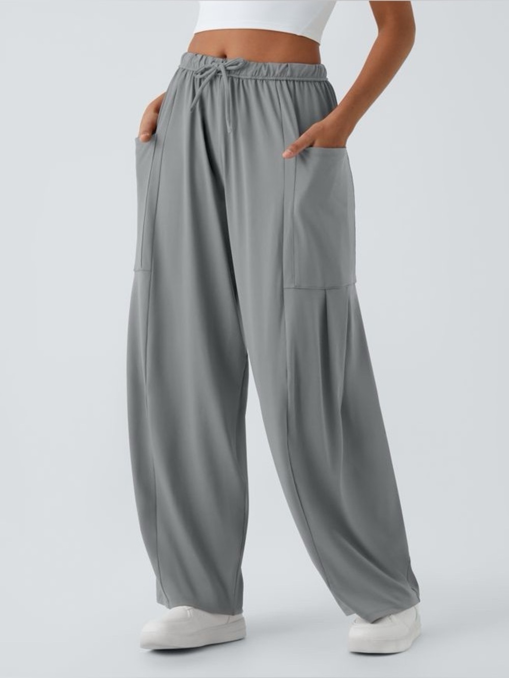 Halara Mid Rise Elastic Waistband Drawstring Pocket Palazzo Flowy Wide Leg Baggy